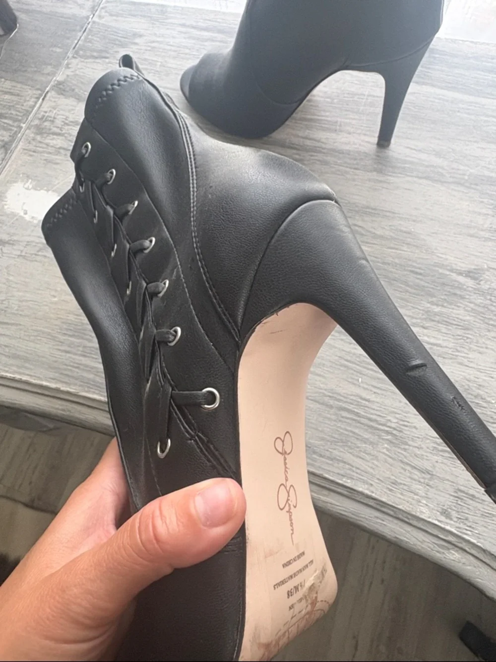 Jessica Simpson Black Peep-Toe Lace-Up Stiletto Ankle Boots